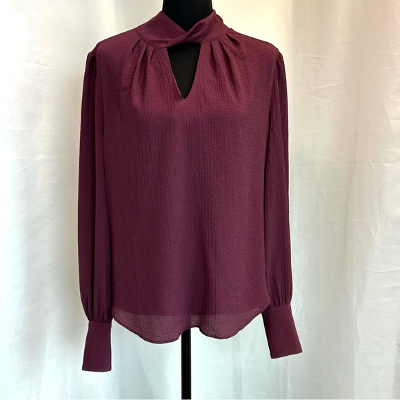 RW&CO Maroon Burgundy pleated Twisted-Mockneck peephole Blouse long sleeve Sz M - Picture 12 of 12